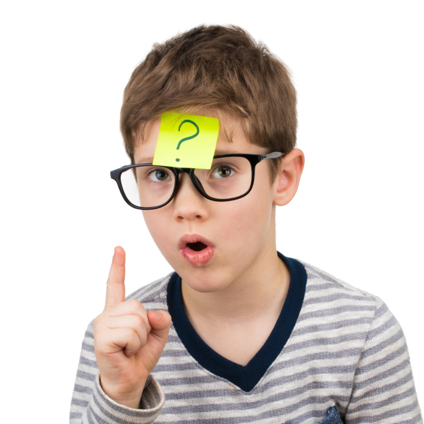 Confused boy thinking with question mark on sticky note on foreh p